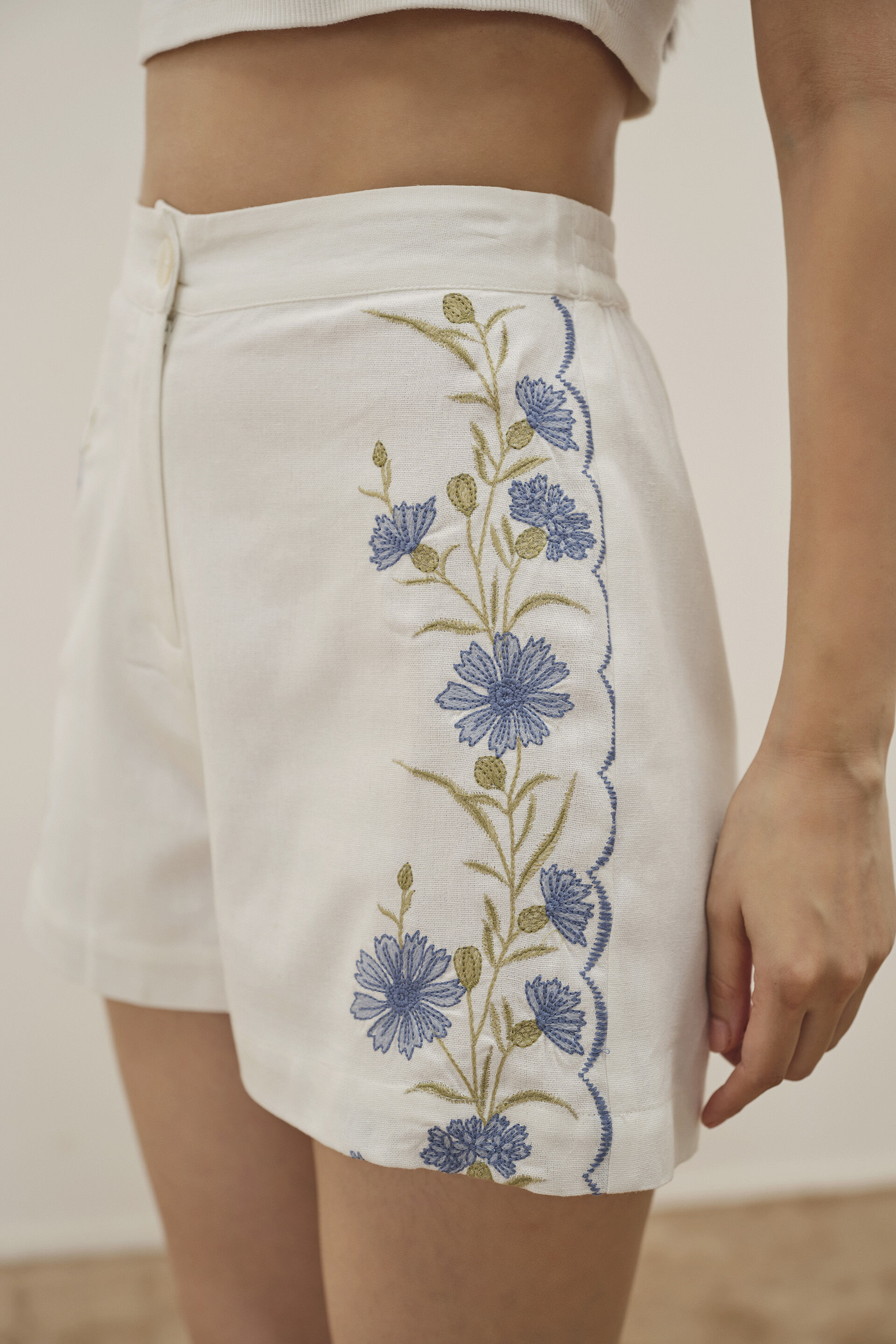 Lorelei Emboirdered White Shorts, White, image 2